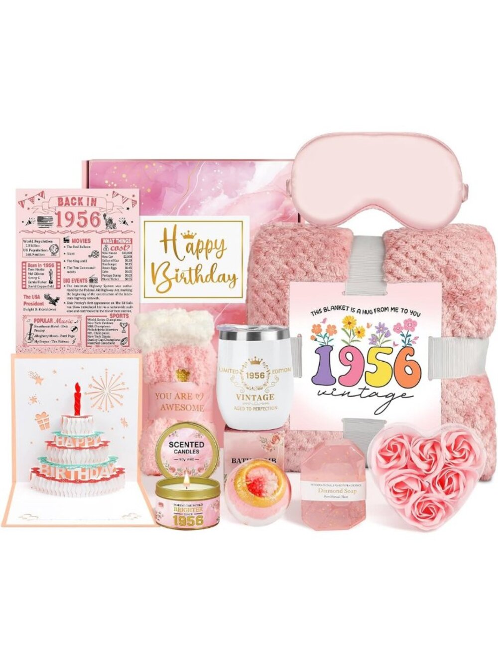 70th Birthday Gift Basket for Women - Spa Essentials & Cozy Blanket, 1956 Theme